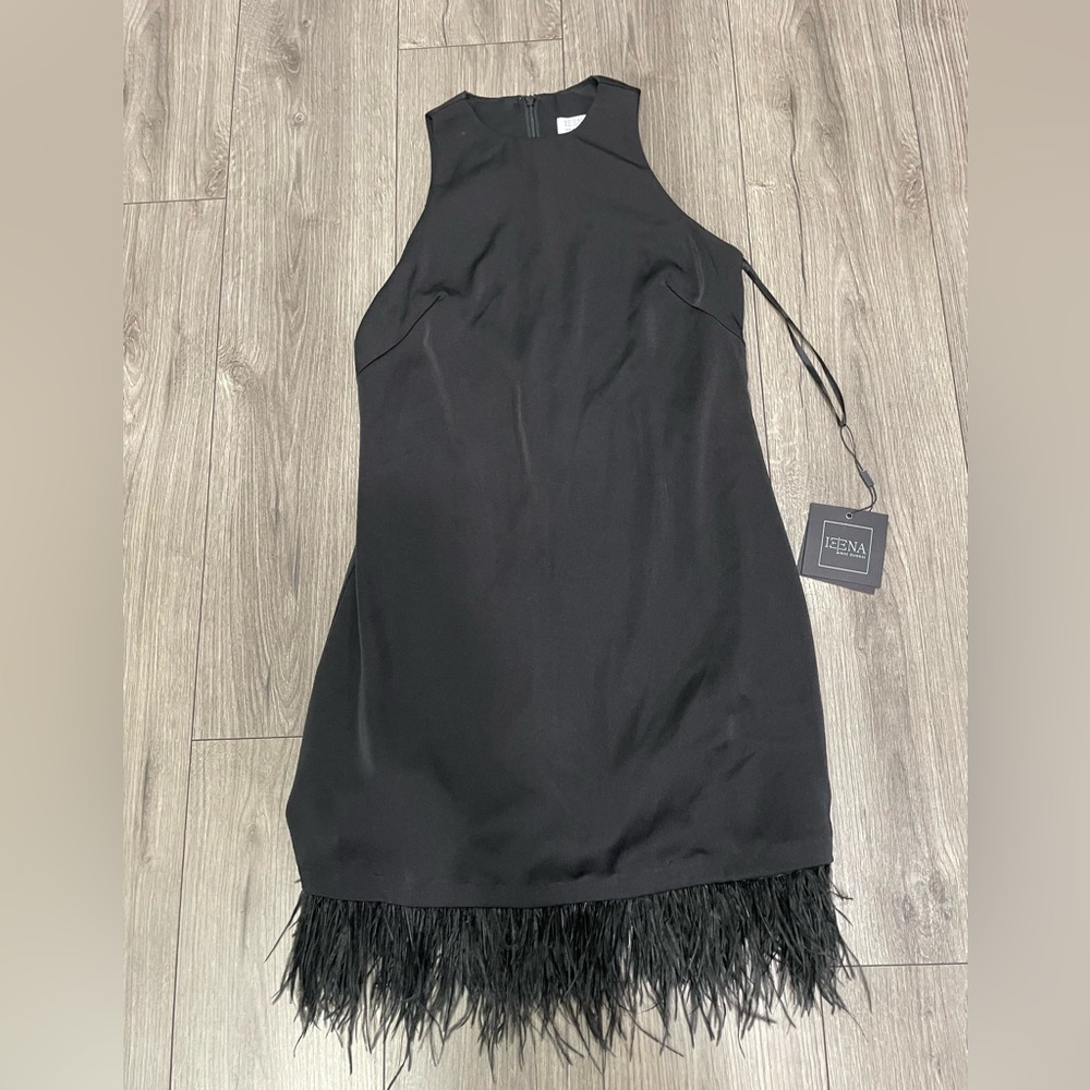 leena for Mac Duggal Crewneck Faux Feather Hem Cocktail Dress‎ NWT Sz 4 - Picture 4 of 13